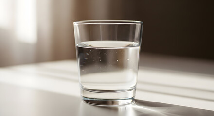 A clear glass of fresh drinking water standing on a table with soft natural light