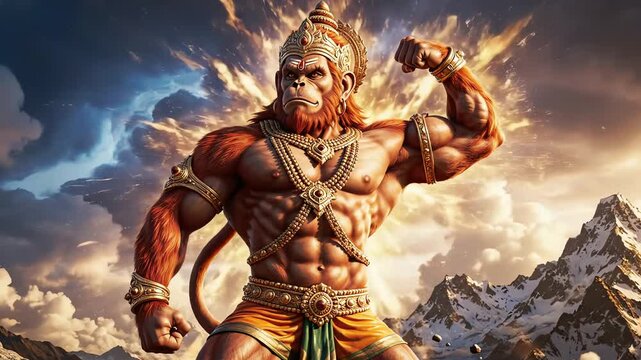 Mighty mythical warrior flexing with immense strength, set against a dramatic sky and majestic snow-capped mountains, embodying divine power and heroic spirit