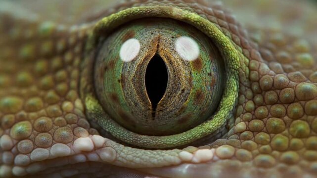 Extreme close-up macro shot of a gecko&rsquo;s eye, showing intricate textures, vertical pupil, and detailed reptile skin patterns with natural lighting.