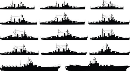 Naval warship silhouette collection, military fleet vessels set, aircraft carrier and battleship, maritime defense forces, navy combat operations, strategic sea power illustration © Hello World