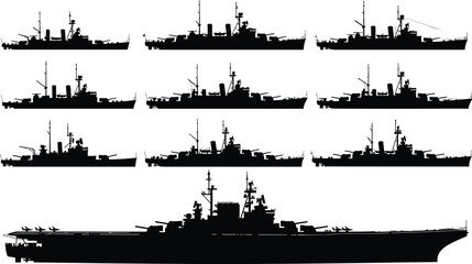 Naval warship silhouette collection, military fleet vessels set, battleship and aircraft carrier, maritime defense forces, navy combat operations, strategic sea power illustration © Hello World