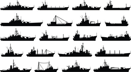 Naval warship silhouette collection, military fleet vessels set, maritime defense ships, navy combat operations, sea security forces, strategic naval power illustration isolated © Hello World