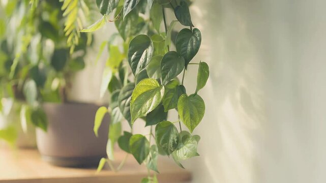 Lush green philodendron plant cascading from a shelf in a cozy indoor setting, enhancing home decor and tranquility.