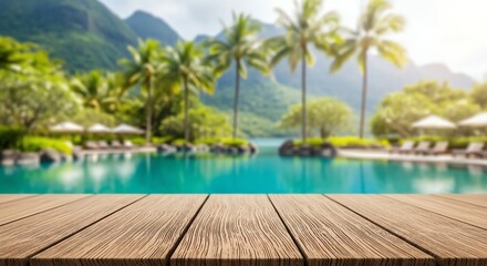 Fototapeta premium Tropical paradise with a serene pool surrounded by lush greenery and palm trees.