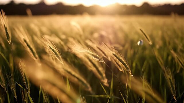 Golden wheat field at sunset, bathed in warm light