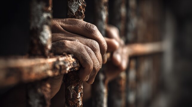 Close up of weathered hands gripping rusted bars depicting confinement