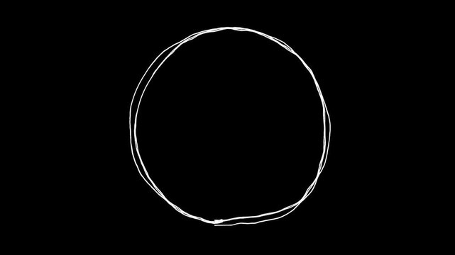 シンプルな丸の落書き線画イラスト。線が動く手描きのアイコン動画。ループする4Kアニメーション。黒背景に白いペンでフリーハンドで描いた絵のデコレーションスタンプ