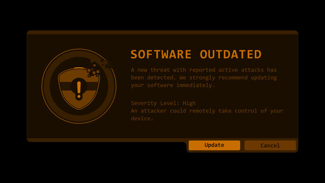 Software outdated security alert UI. Cybersecurity threat, system vulnerability, and malware warning concept with glitch shield icon. Vector.
