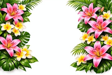 High-quality bold tropical floral pattern background featuring vibrant red hibiscus flowers, pink blooming lilies, yellow-white plumeria blossoms, and lush green monstera and palm leaves arranged 