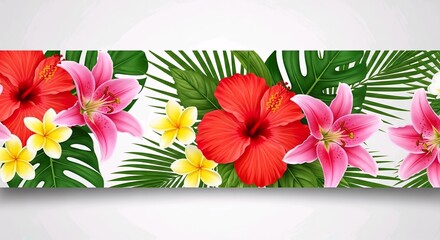High-quality bold tropical floral pattern background featuring vibrant red hibiscus flowers, pink blooming lilies, yellow-white plumeria blossoms, and lush green monstera and palm leaves arranged 