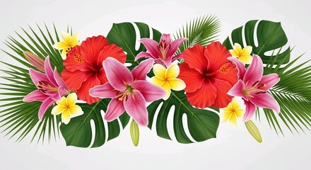 High-quality bold tropical floral pattern background featuring vibrant red hibiscus flowers, pink blooming lilies, yellow-white plumeria blossoms, and lush green monstera and palm leaves arranged 