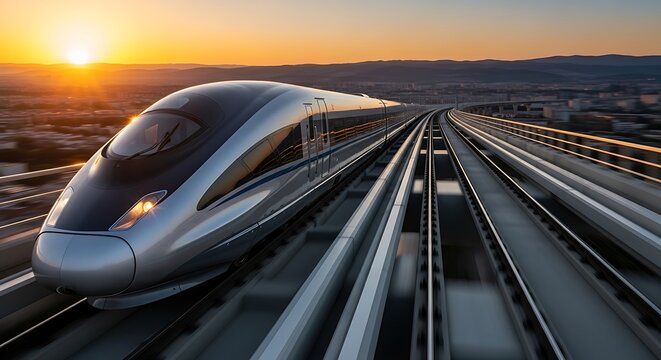 Modern silver bullet train speeding on elevated tracks at sunrise with futuristic design