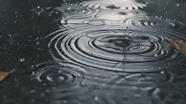 ain Droplets Splashing Into Puddle with Dynamic Ripples and Cloud Reflections in 4K Animated Scene