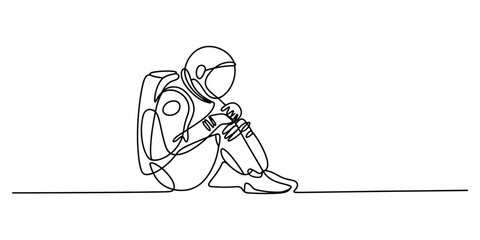 Single line drawing of a lonely astronaut sitting on the ground in a spacesuit on white background. © JoyChandra