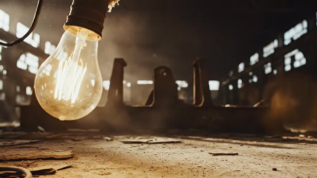 Dimly lit industrial space with an illuminated incandescent bulb overhead
