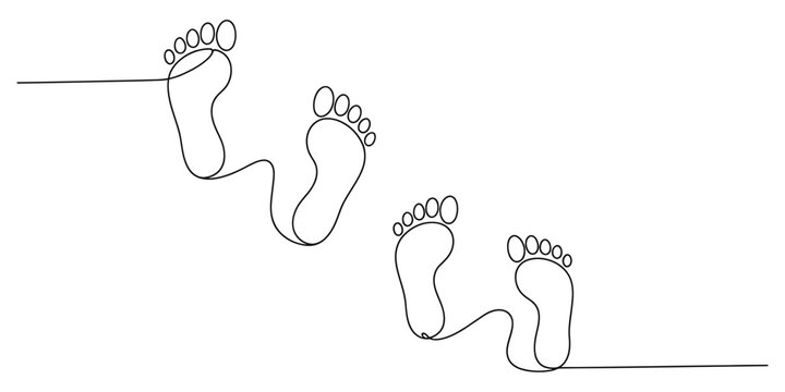 Continuous line drawing of human footprints walking across a white background