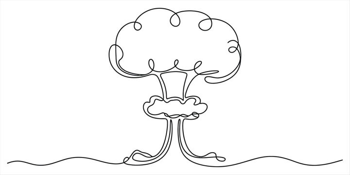 Single line drawing of a nuclear explosion mushroom cloud on a white background.