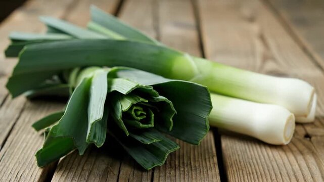 Fresh green leeks placed on a rustic wooden surface, captured in natural light with clear texture and detail.