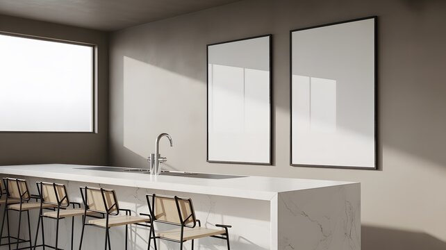 Contemporary Kitchen With Island, Bar Stools and Mockup Frames stock (275
