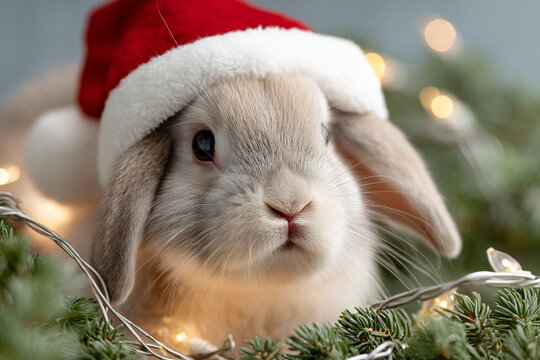 A cute white rabbit wearing a Santa hat surrounded by Christmas lights and greenery