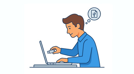 Man Uses USB Key d flat vector isolated white background