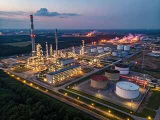 Obraz premium Vast aerial perspective of a sprawling petrochemical refinery complex at dusk, illuminated by industrial lights and emitting steam from processing towers.