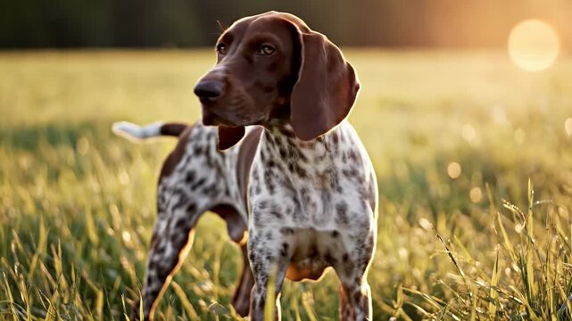 Dog with brown and white spots in a sun-drenched grassy field