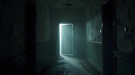 Theme Halloween, Abandoned gothic hallway, fog seeping from door cracks.