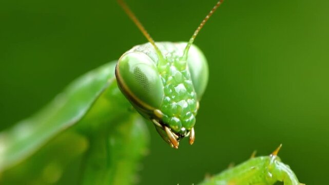 Close-up macro footage of a green praying mantis with detailed facial features and antennae, captured against a smooth green natural background.