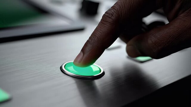 A close-up shot of a dark-skinned hand pressing a glowing green button on a metal surface