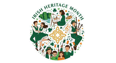A colorful illustration celebrating Irish Heritage Month with people engaging in traditional activities like music and dance amidst Celtic patterns and symbols.