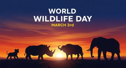 Fototapeta premium Celebrating world wildlife day with majestic elephants and a rhino at sunset