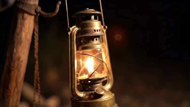 An old-fashioned lantern glows warmly in the dark, hung by a rough wooden post