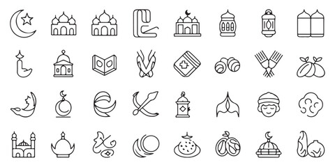 Linear Islamic icons set for Ramadan and Eid celebrations with mosque and moon elements © Siyam Islam