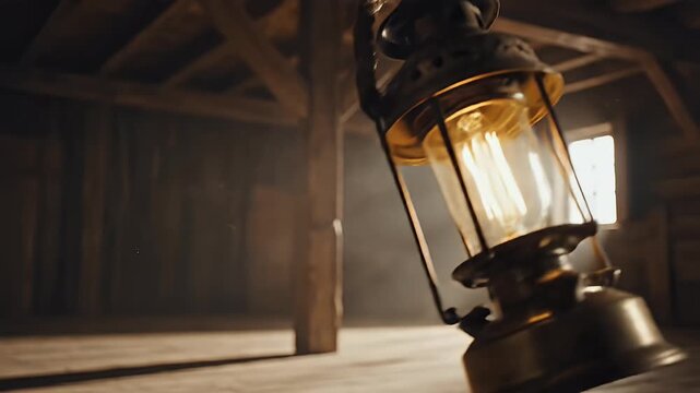 Illuminated antique lamp hangs in dusty, sunlit attic space