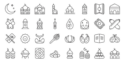 Comprehensive ramadan kareem line icons set with diverse mosque shapes and crescent moon for infographics