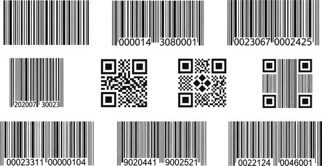 A collection of different barcode types, including numeric UPCs and square QR codes, are arranged in rows for commerce.