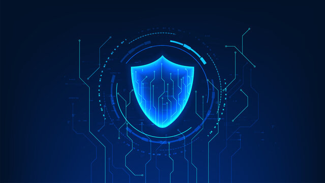 Cyber security technology shield with digital circuit patterns inside circle interface, representing data protection, cyber defense,information security, and prevention of online attacks data breaches