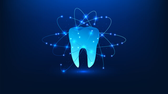 Medical technology background featuring a tooth surrounded by digital technology rings, representing dental innovation, advanced oral healthcare, modern dentistry, and smart medical solutions