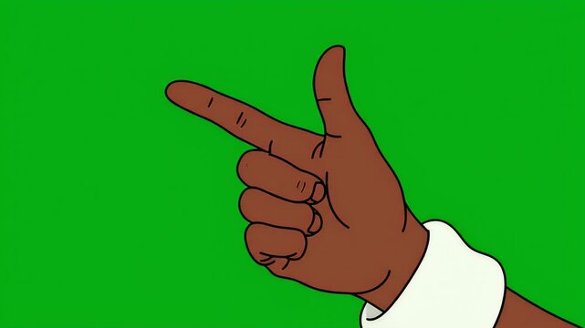 Hand pointing left with index finger on green background, cartoon style