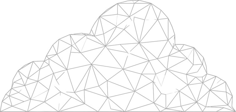 A low-polygon wireframe illustration depicts a large, volumetric cloud shape against a white background for digital concepts.