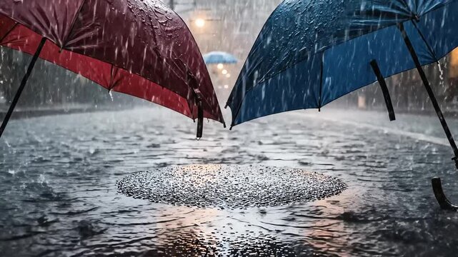 Vivid red and blue umbrellas stand on a rain-drenched urban street, reflecting brightly in a large puddle as countless drops fall, creating a serene and atmospheric wet city view
