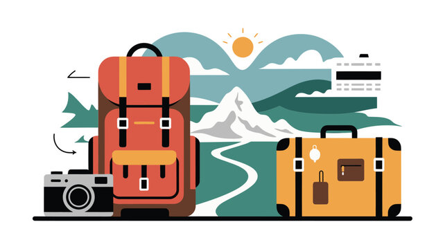 Travel essentials including a backpack suitcase and camera with a scenic backdrop