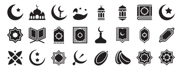 Set of Islamic symbols and Ramadan Eid icons with mosque moon star and dates elements © Siyam Islam