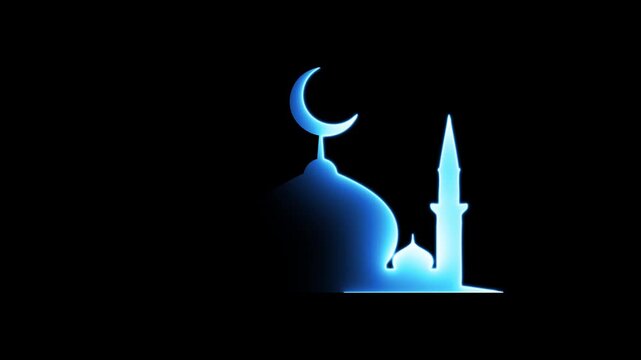 video of glowing scratches forming a silhouette of a mosque featuring a dome and a majestic crescent moon minaret, suitable for Islamic holiday designs