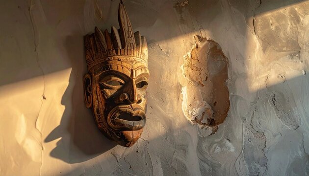 Ancient wooden mask and weathered artifact on a textured wall, bathed in warm sunlight.
