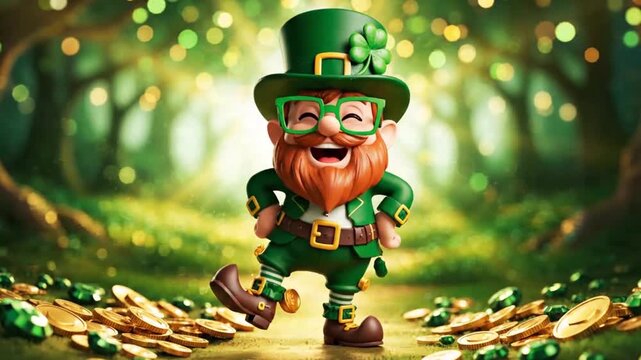 Joyful leprechaun dancing amidst falling gold coins and glowing shamrocks in magical forest, St Patricks Day celebration, happy fantasy character motion footage