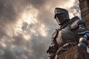 Fototapeta premium A knight in shining armor stands atop a stone wall under a cloudy sky