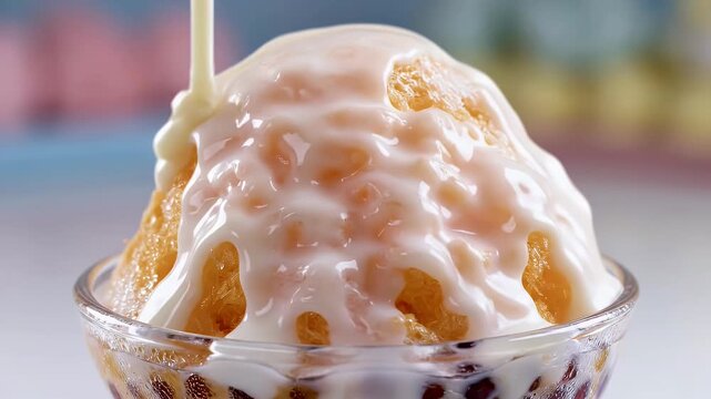 A stream of condensed milk coating a refreshing Thai shaved ice dessert