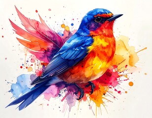 Obraz premium A colorful bird perched on a thin branch with watercolor splashes and white space background